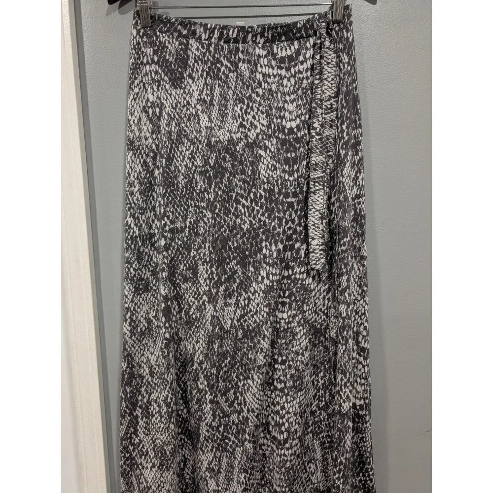 Garnet Hill Women's Gray White Stretchy Maxi Skirt High Side Slit Waist Tie Sz S